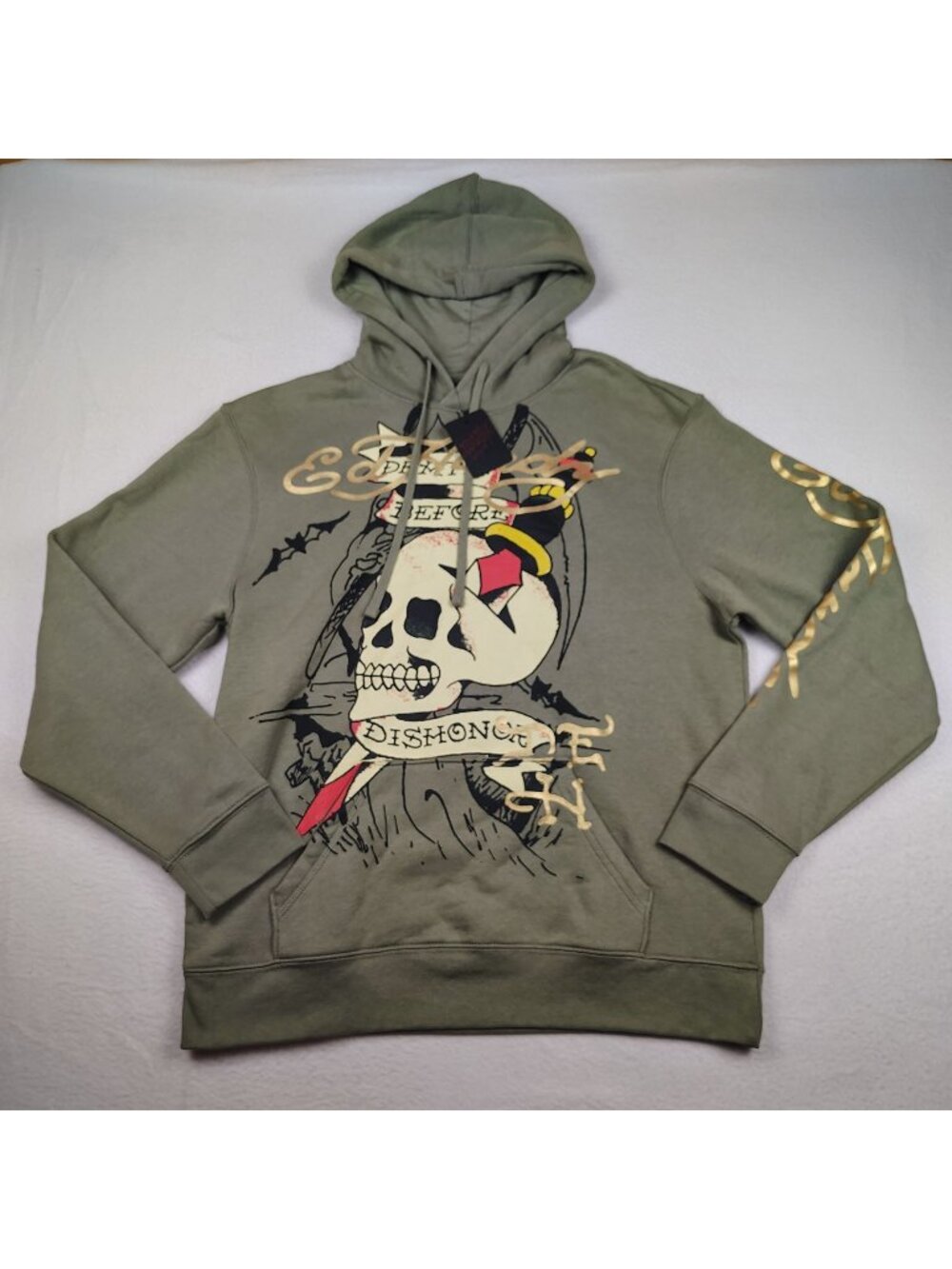 NEW Ed Hardy Death Before Dishonor Hoodie Mens M Olive Green Tattoo Skull